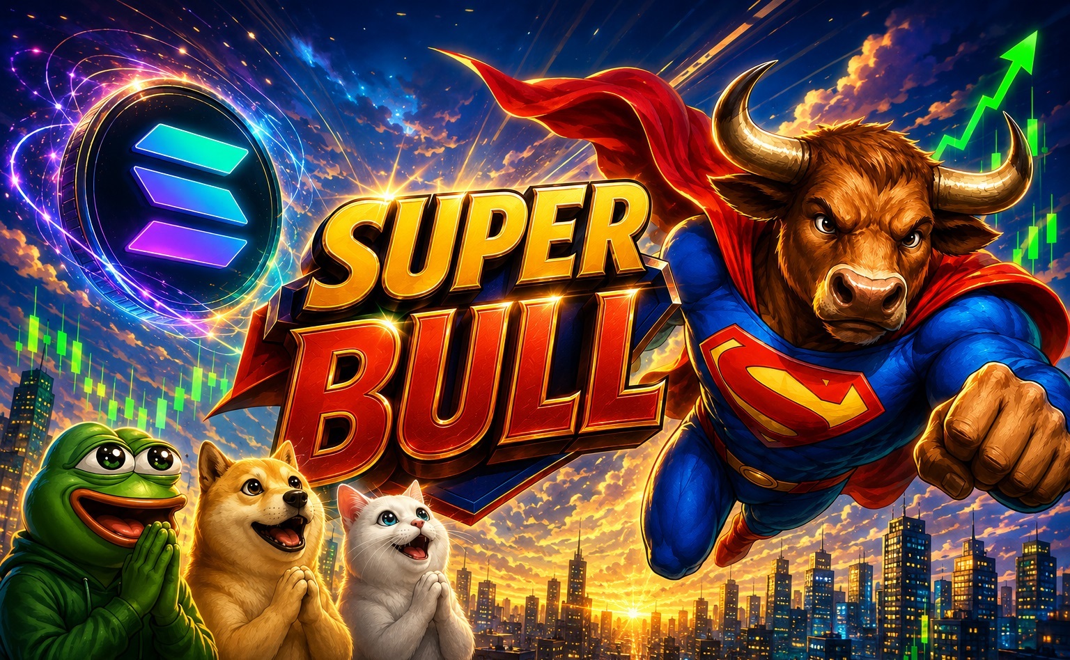 SuperBull Telegram banner with cheering memes