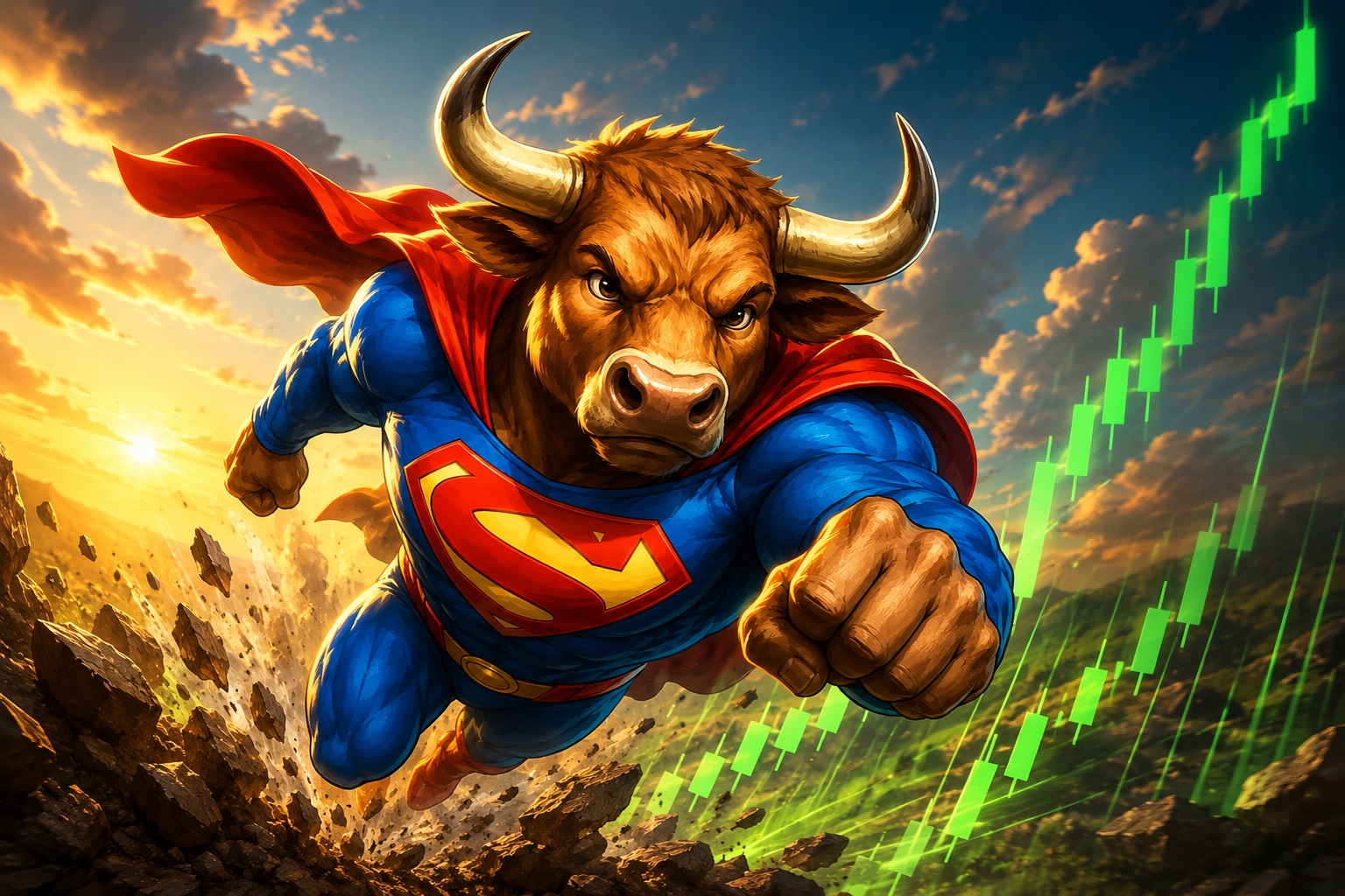 SuperBull heroic flying pose saving the charts